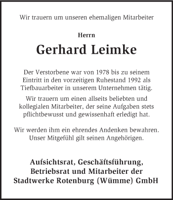 Traueranzeige von Gerhard Leimke von KRZ