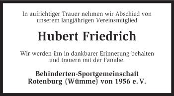 Traueranzeige von Hubert Friedrich von KRZ