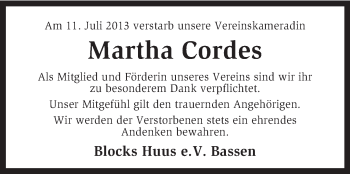 Traueranzeige von Martha Cordes von KRZ