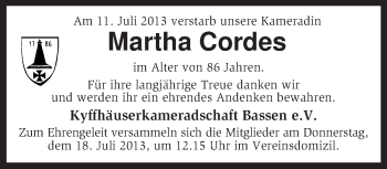 Traueranzeige von Martha Cordes von KRZ