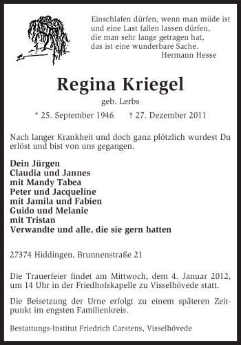 Traueranzeige von Regina Kriegel von KREISZEITUNG SYKE