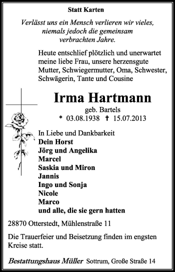 Traueranzeige von Irma Hartmann von KRZ