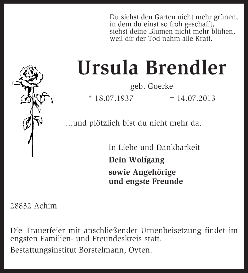 Traueranzeigen von Ursula Brendler | trauer.kreiszeitung.de