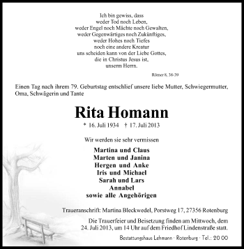 Traueranzeige von Rita Homann von KRZ
