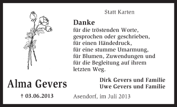 Traueranzeige von Alma Gevers von KRZ