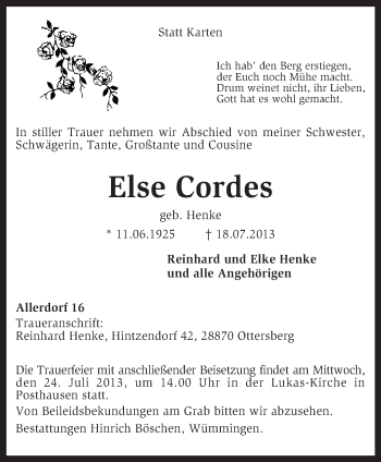 Traueranzeige von Else Cordes von KRZ