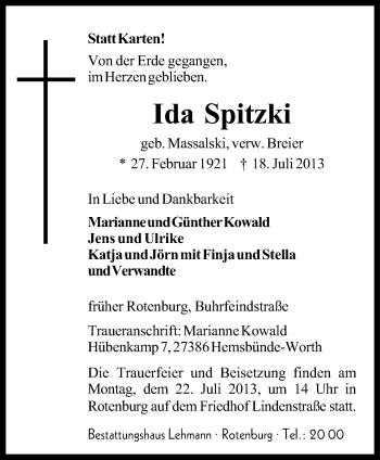 Traueranzeige von Ida Spitzki von KRZ