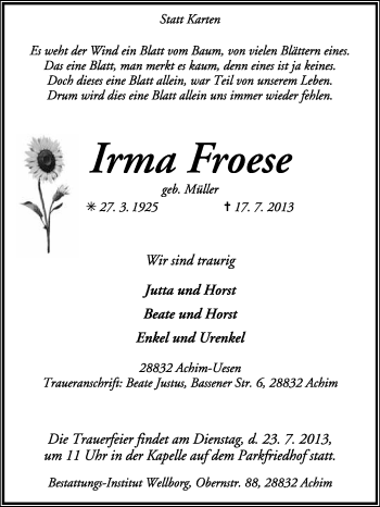 Traueranzeige von Irma Froese von KRZ