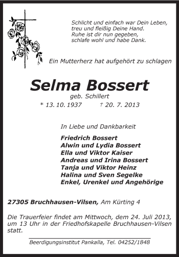 Traueranzeige von Selma Bossert von KRZ