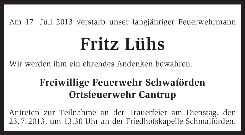  Traueranzeige für Fritz Lühs vom 22.07.2013 aus KRZ