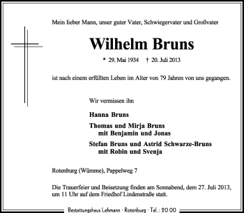 Traueranzeige von Wilhelm Bruns von KRZ