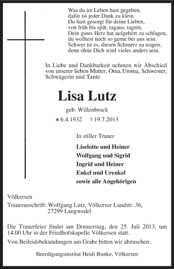 Traueranzeige von Lisa Lutz von KRZ