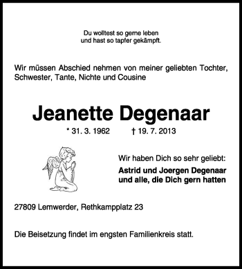 Traueranzeige von Jeanette Degenaar von KRZ