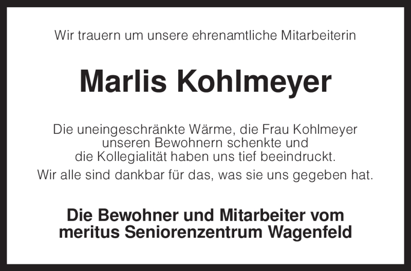 Traueranzeige für Marlis Kohlmeyer vom 10.02.2009 aus KREISZEITUNG SYKE