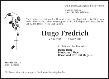 Traueranzeige von Hugo Fredrich von KRZ