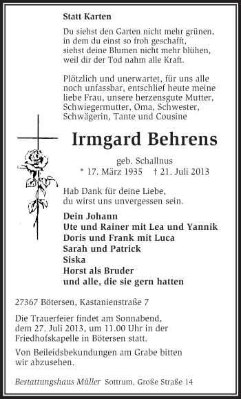 Traueranzeige von Irmgard Behrens von KRZ