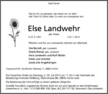 Traueranzeige von Else Landwehr von KRZ