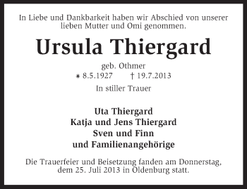 Traueranzeige von Ursula Thiergard von KRZ