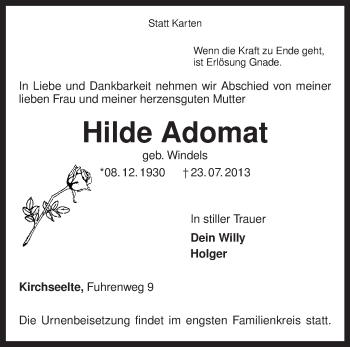 Traueranzeige von Hilde Adomat von KRZ