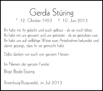 Traueranzeige von Gerda Stüring von KRZ