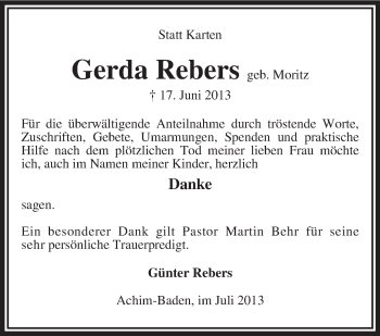 Traueranzeige von Gerda Rebers von KRZ