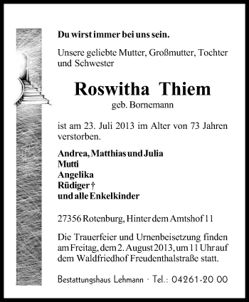 Traueranzeige von Roswitha Thiem von KRZ