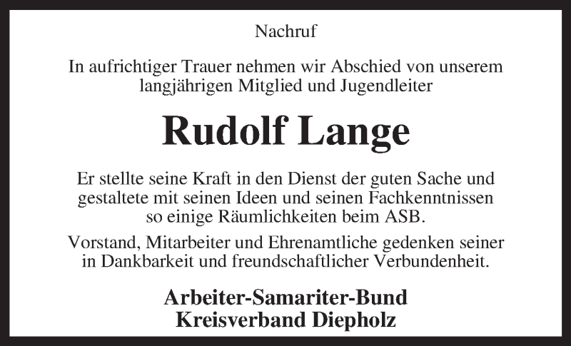  Traueranzeige für Rudolf Lange vom 26.07.2013 aus KRZ