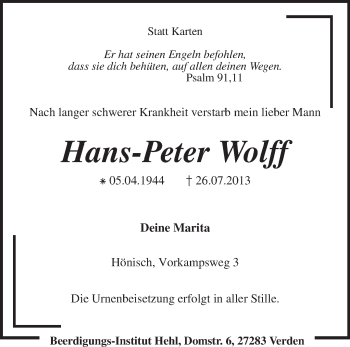 Traueranzeige von Hans-Peter Wolff von KRZ