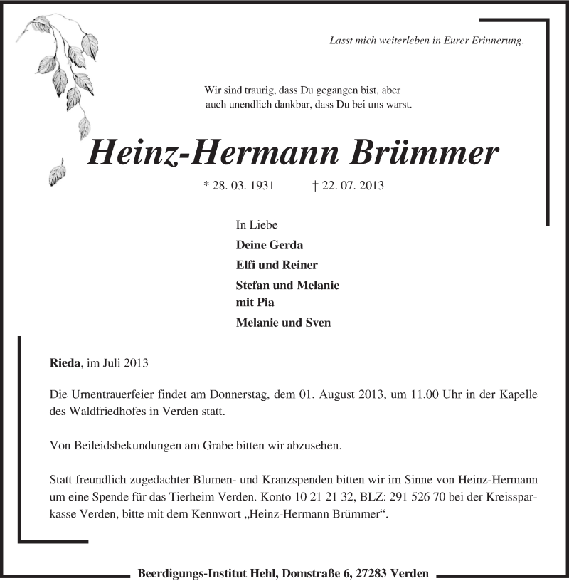  Traueranzeige für Heinz-Hermann Brümmer vom 29.07.2013 aus KRZ