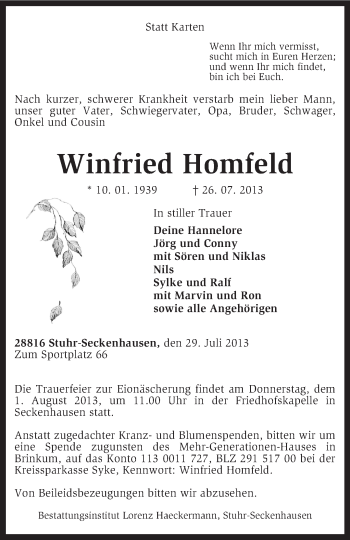 Traueranzeige von Winfried Homfeld von KRZ