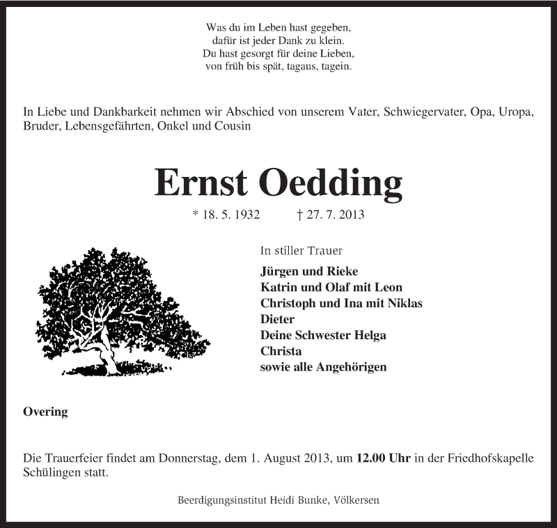  Traueranzeige für Ernst Oedding vom 29.07.2013 aus KRZ