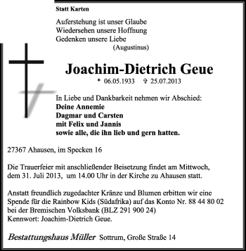 Traueranzeige von Joachim-Dietrich Geue von KRZ