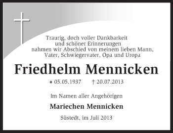 Traueranzeige von Friedhelm Mennicken von KRZ