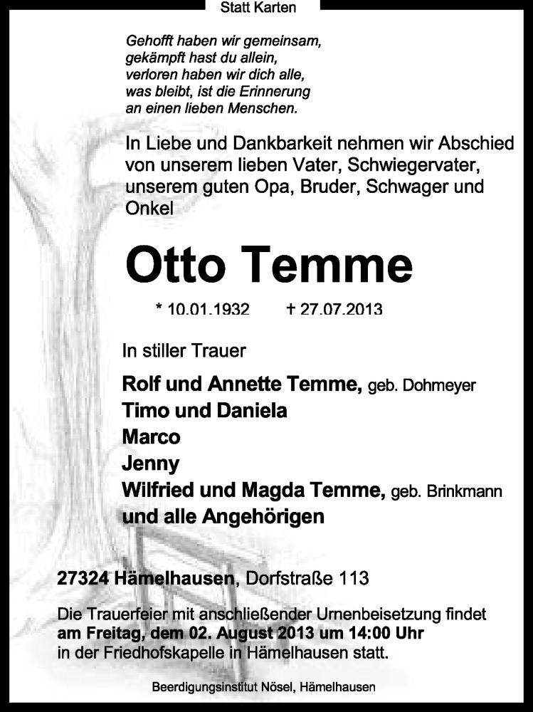  Traueranzeige für Otto Temme vom 30.07.2013 aus KRZ