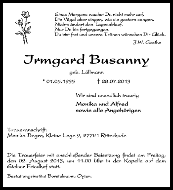 Traueranzeige von Irmgard Busanny von KRZ