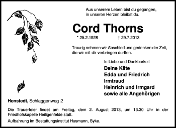 Traueranzeige von Cord Thorns von KRZ