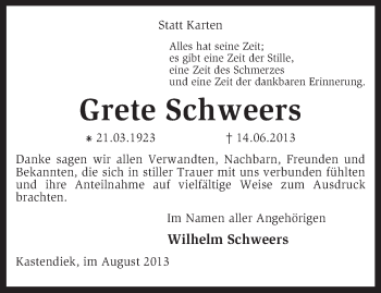 Traueranzeige von Grete Schweers von KRZ