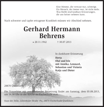 Traueranzeige von Gerhard Hermann Behrens von KRZ