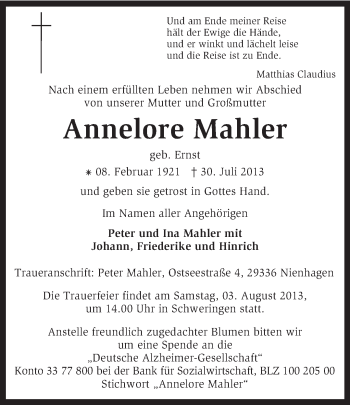 Traueranzeige von Annelore Mahler von KRZ