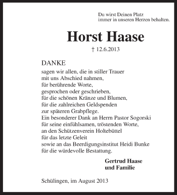 Traueranzeige von Horst Haase von KRZ