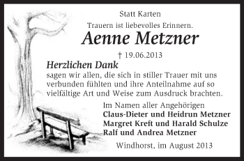 Traueranzeige von Aenne Metzner von KRZ