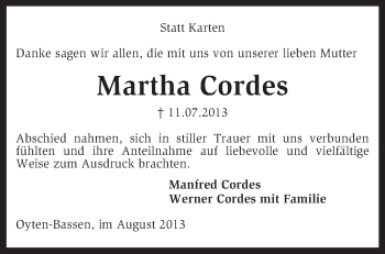 Traueranzeige von Martha Cordes von KRZ