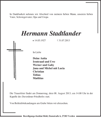 Traueranzeige von Hermann Stadtlander von KRZ