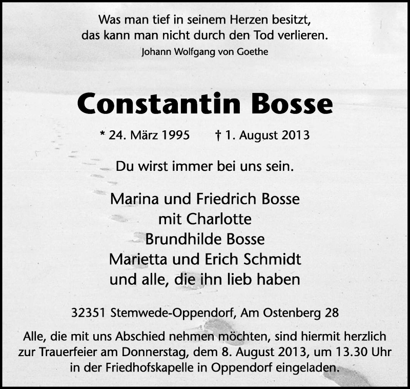  Traueranzeige für Constantin Bosse vom 03.08.2013 aus KRZ