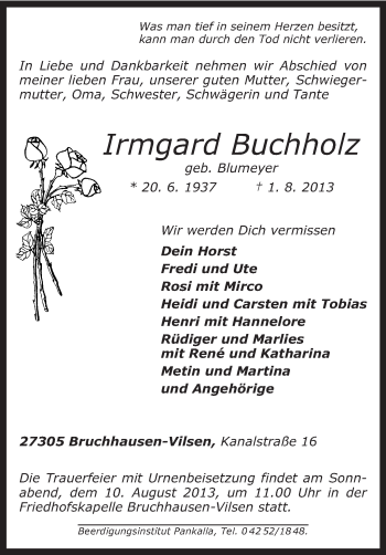 Traueranzeige von Irmgard Buchholz von KRZ