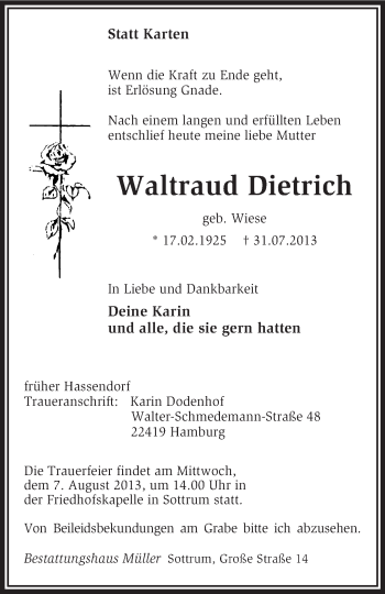 Traueranzeige von Waltraud Dietrich von KRZ