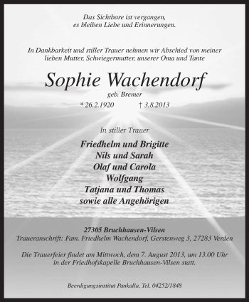 Traueranzeige von Sophie Wachendorf von KRZ