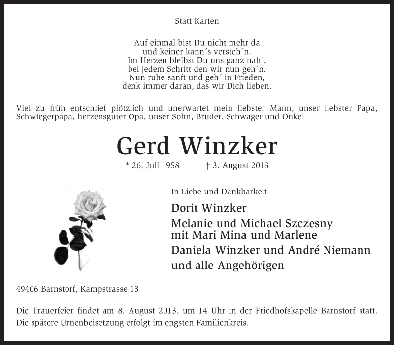  Traueranzeige für Gerd Winzker vom 05.08.2013 aus KRZ