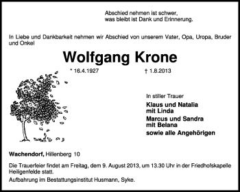 Traueranzeige von Wolfgang Krone von KRZ