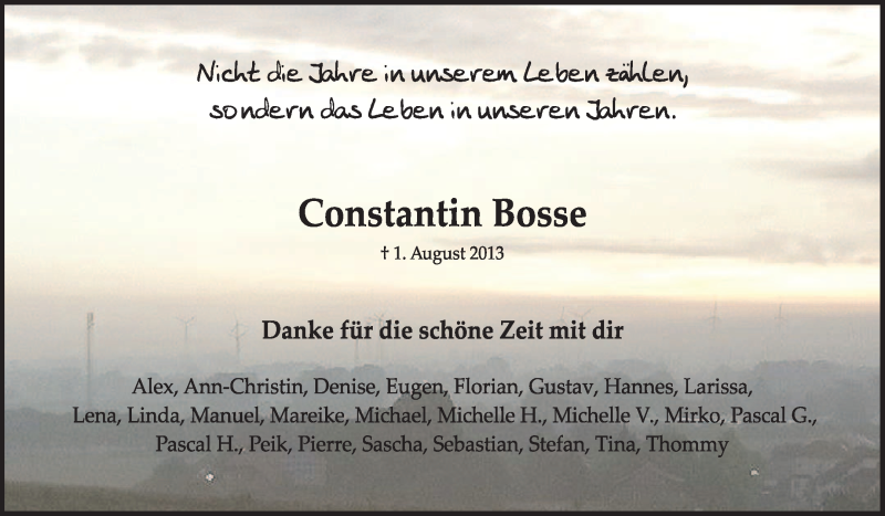  Traueranzeige für Constantin Bosse vom 05.08.2013 aus KRZ